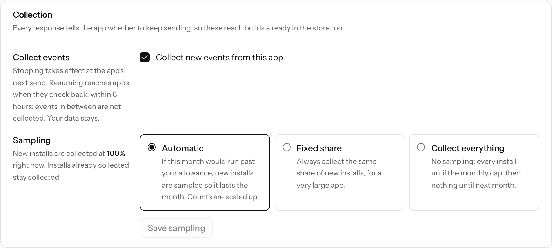 The Collection card: the switch to collect new events, and the Automatic, Fixed share and Collect everything sampling options