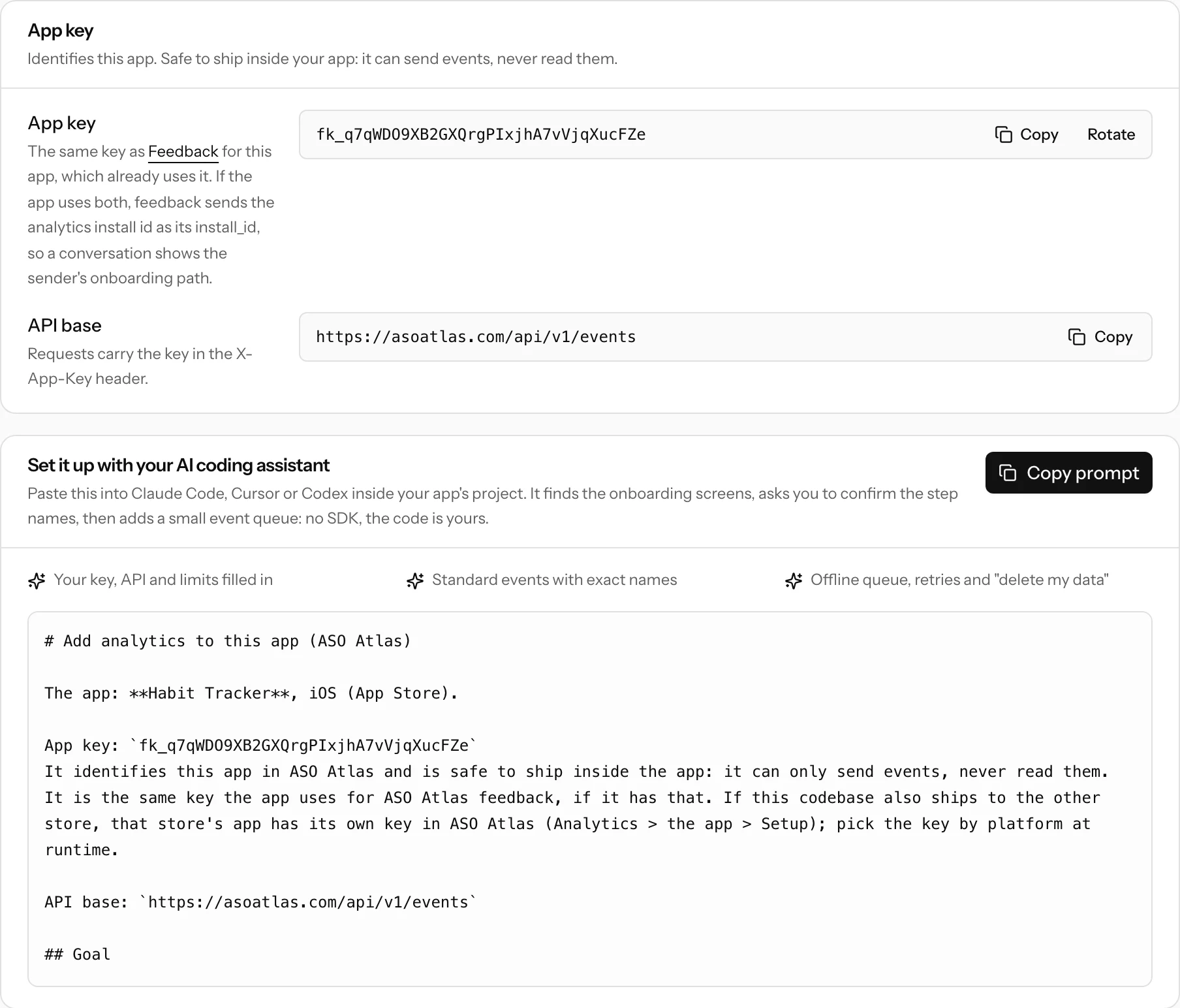 The Setup tab: the App key and API base with copy buttons, and the AI coding assistant prompt with the key already filled in