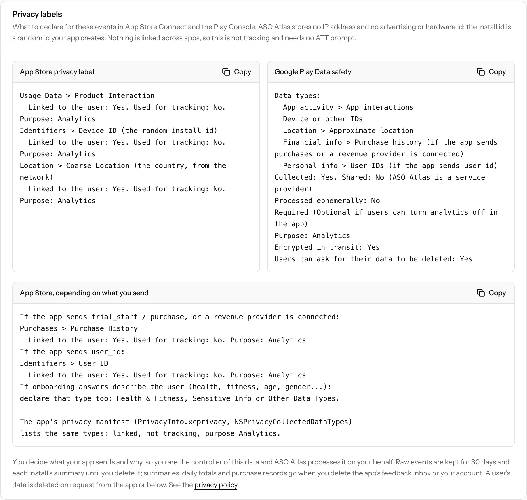 The Privacy labels card: the App Store privacy label, the Google Play Data safety answers and the extra App Store types depending on what you send