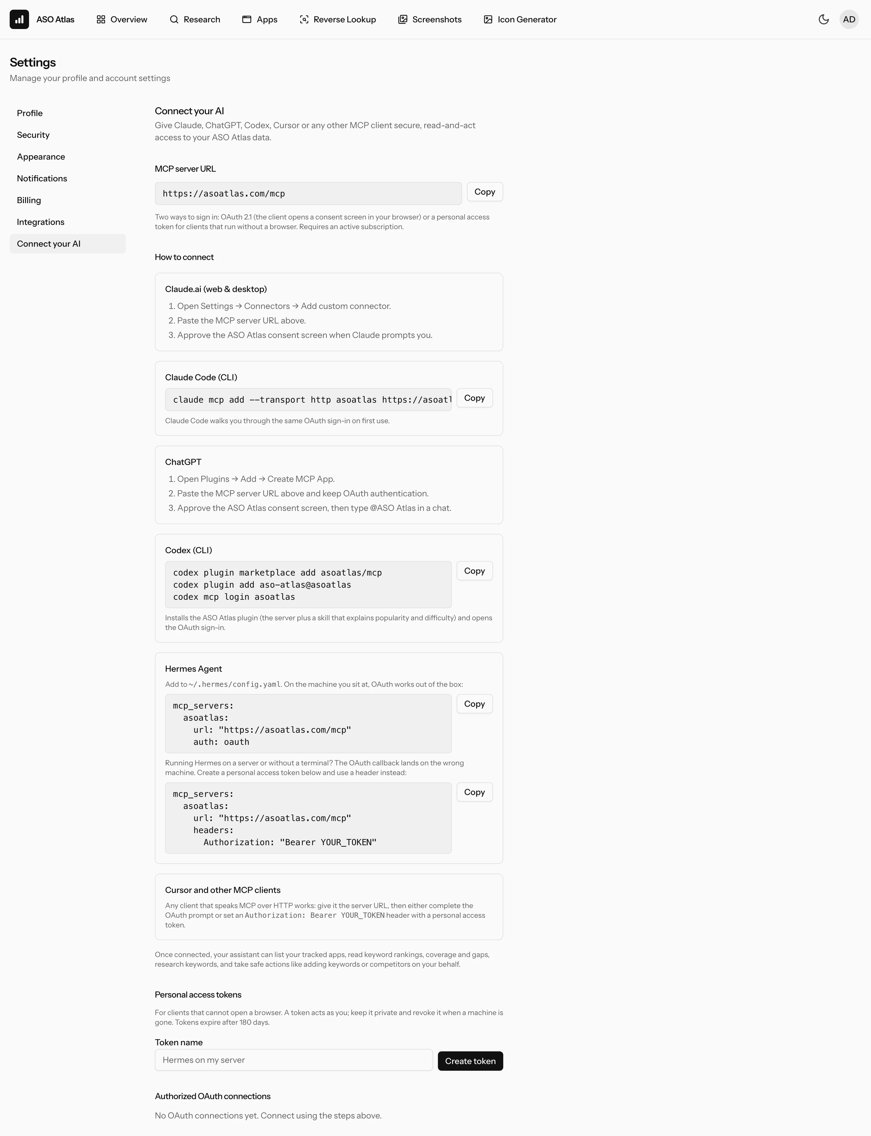The Connect your AI settings page: the MCP server URL, setup instructions per client, personal access tokens and the list of authorized connections