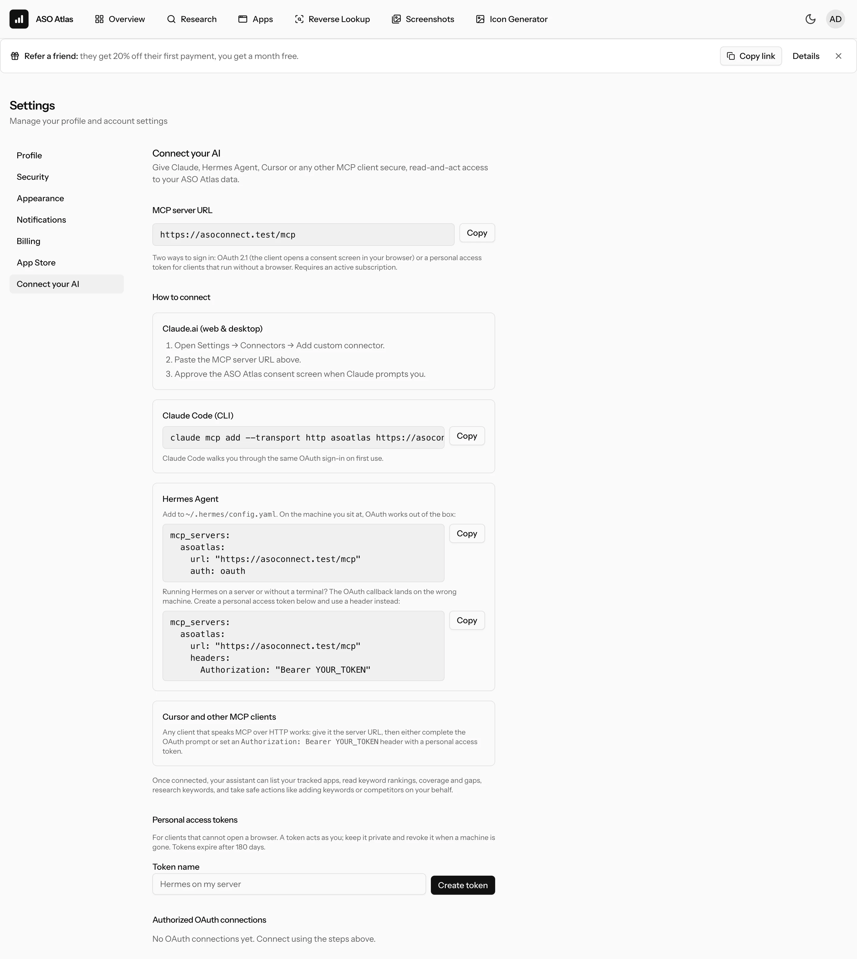 The Connect your AI settings page: the MCP server URL, setup instructions per client, personal access tokens and the list of authorized connections
