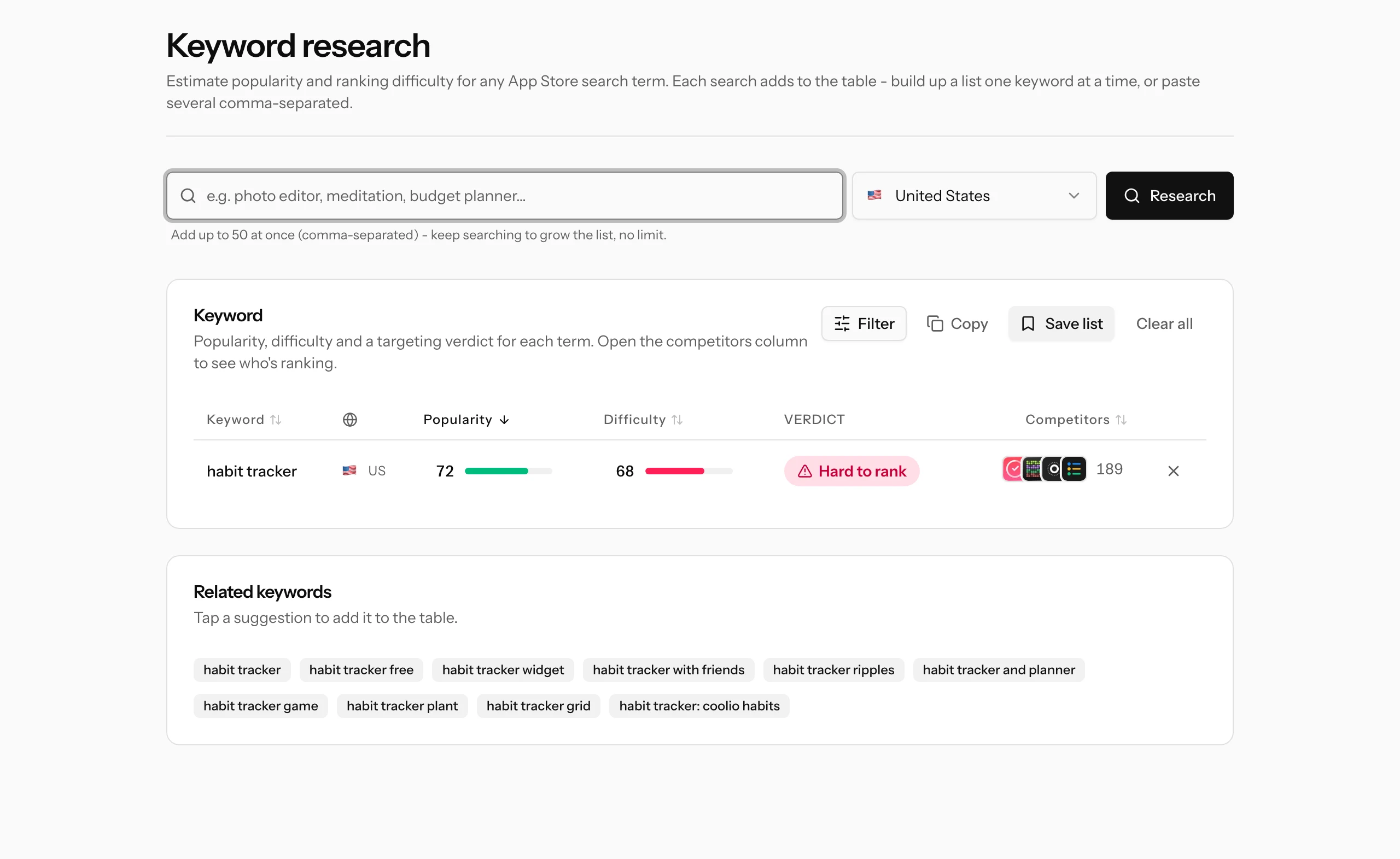 Researching "habit tracker" in the US storefront: the keyword row with popularity 72, difficulty 68 and a Hard to rank verdict, plus related keyword suggestions below