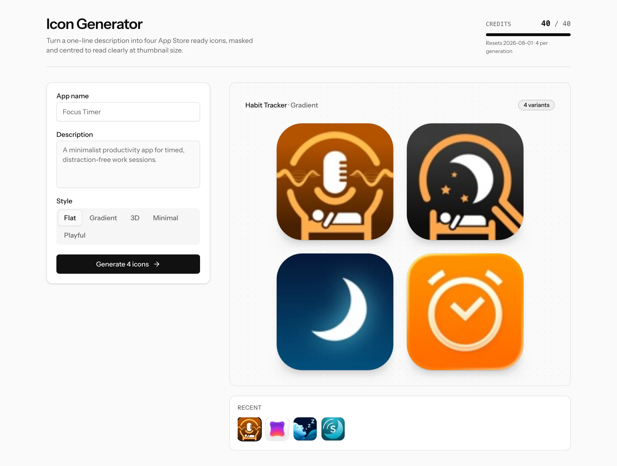 The Icon Generator with the brief form on the left, four generated icon variants in the canvas and a strip of recent generations below