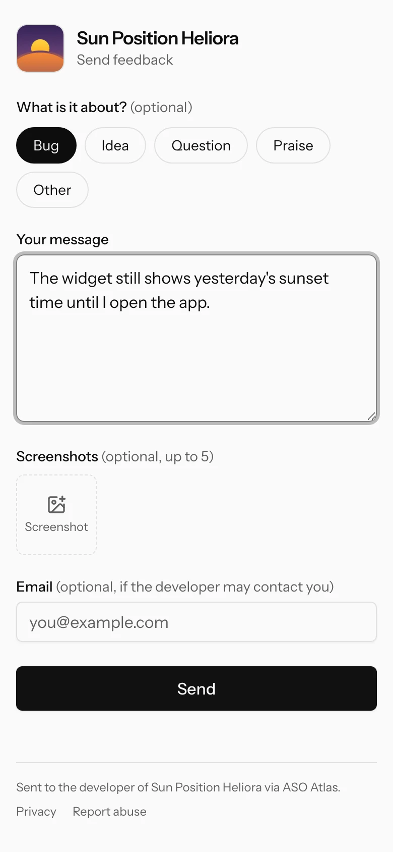 The hosted feedback form on a phone, showing the app name and icon, category chips with Bug selected, a typed message, a screenshot slot, an optional email field for the developer to contact them, and a Send button