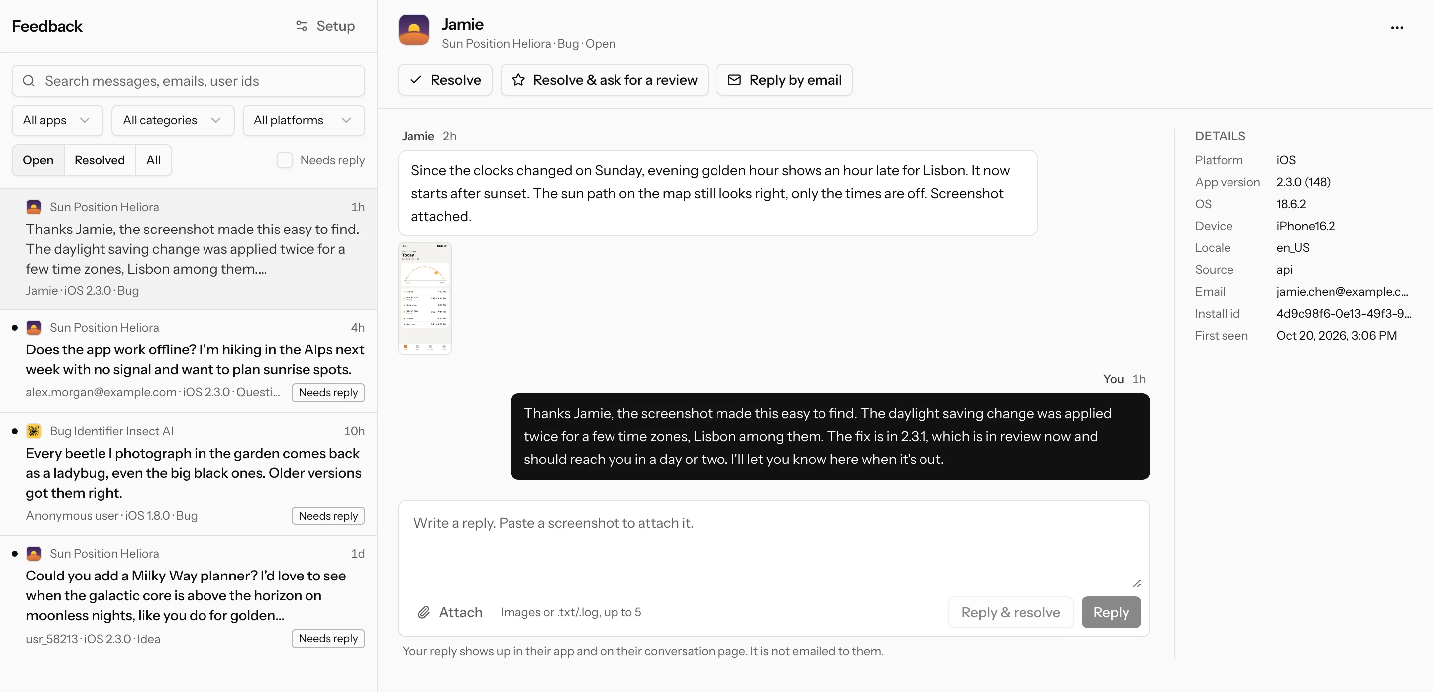 The feedback inbox with a bug report open: the user's message with an attached screenshot, the developer's reply, the reply box, and a details panel with app version, OS, device and locale