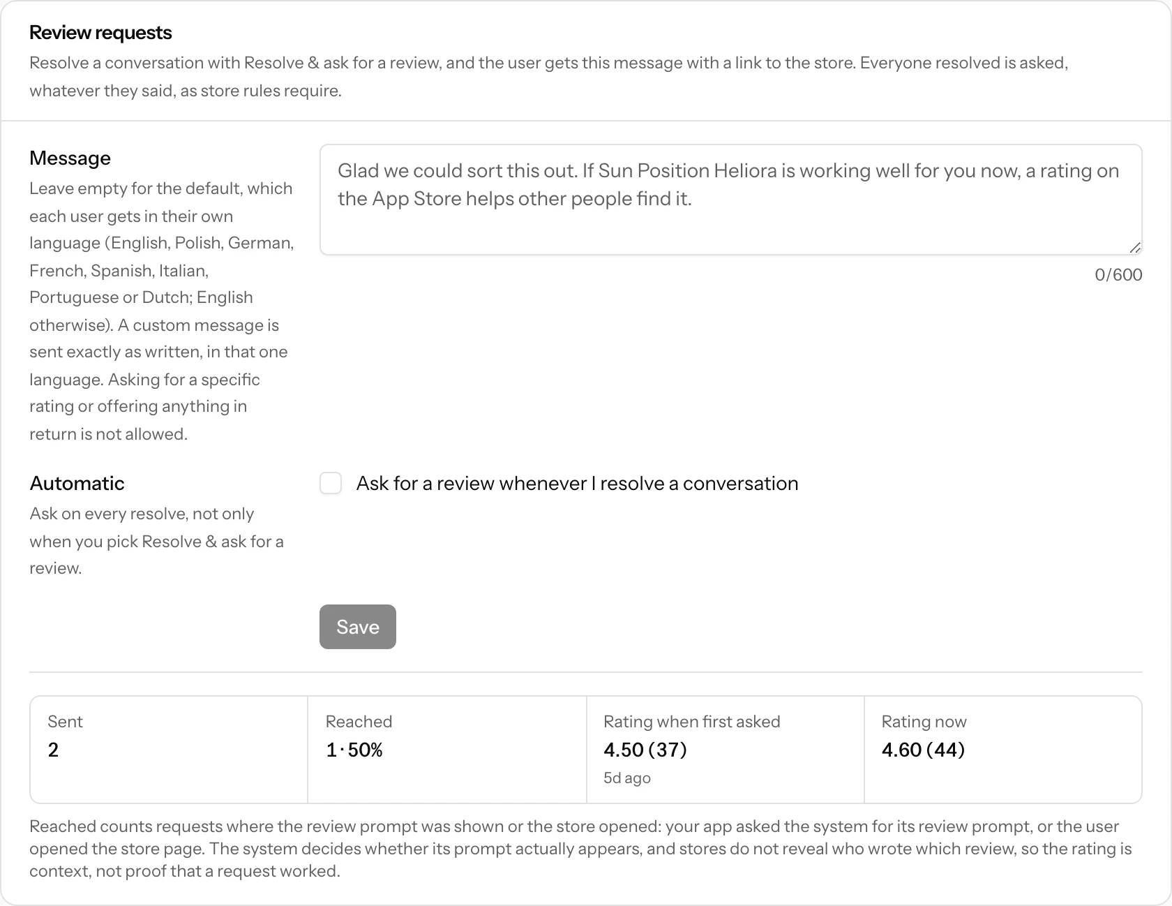 The review requests panel on the setup page: the message users receive, the Automatic switch, and the Sent, Reached, rating when first asked and rating now figures