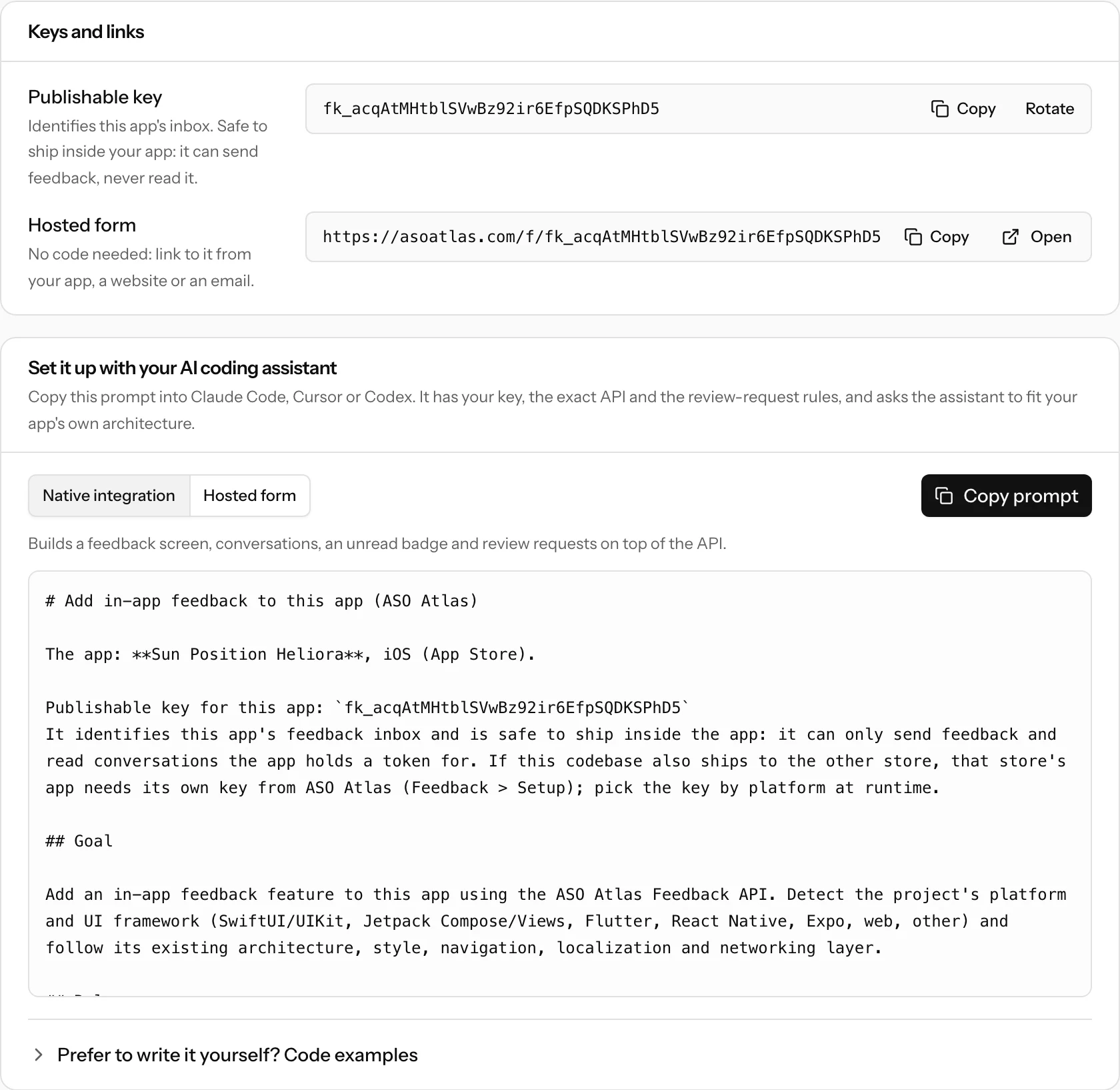 The setup page for an app: the publishable key and hosted form URL with copy buttons, and the AI coding assistant prompt with the key already filled in