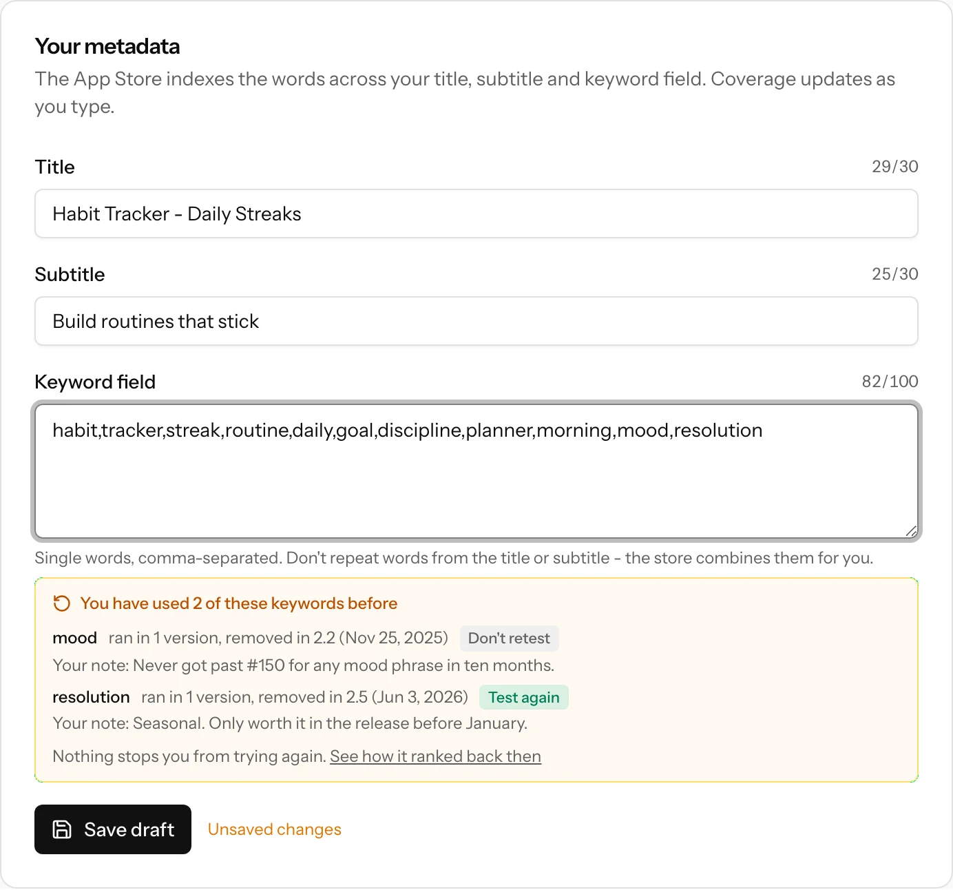 The metadata optimizer warning under the keyword field that two typed keywords were used before, with the versions they ran in and the user's notes