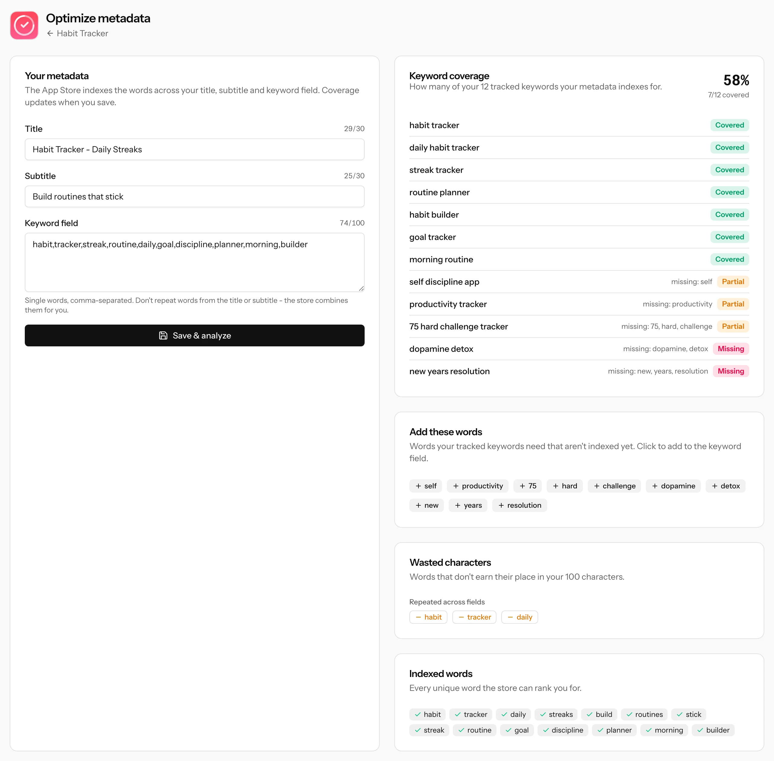 The Optimize page: the metadata editor with live character counts next to keyword coverage, showing covered, partial and missing tracked keywords