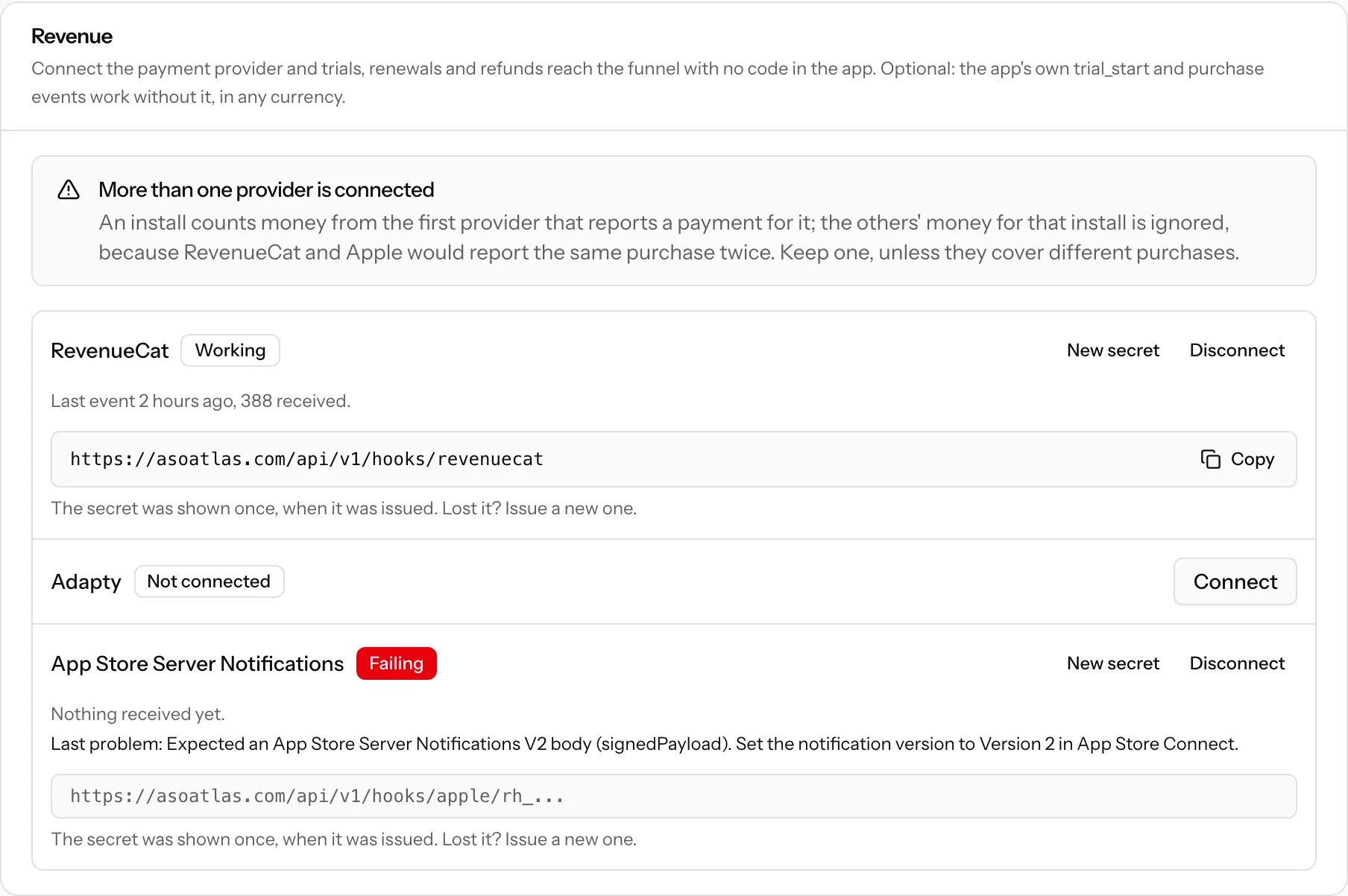 The Revenue card on the Setup tab: RevenueCat working with its webhook URL, Adapty not connected, and App Store Server Notifications failing with the last problem it reported